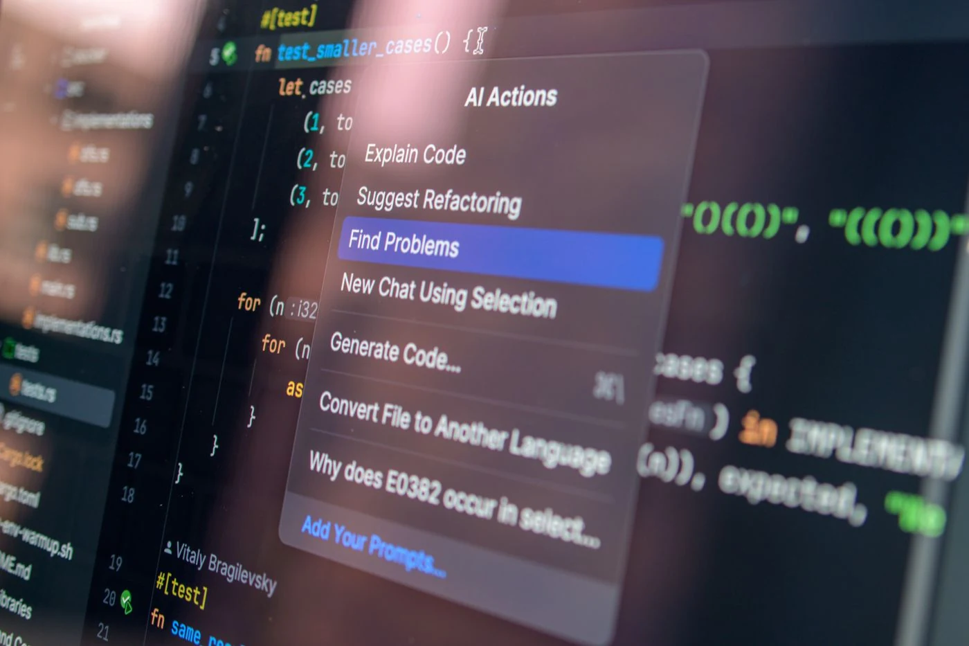 Editor de código com um menu de ações de inteligência artificial aberto sobre o código.
