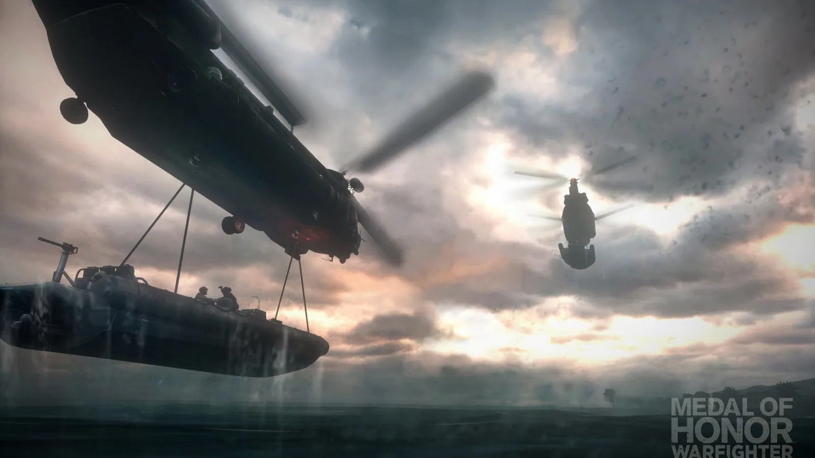 Cena oficial de Medal of Honor: Warfighter com helicópteros sobrevoando uma operação costeira