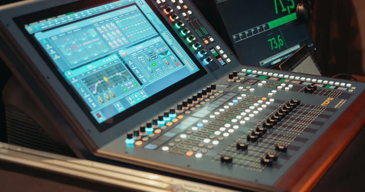 Mesa profissional de áudio com faders e controles de mixagem.