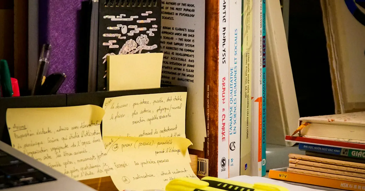 Livro, laptop e anotações organizados em uma mesa de estudo.