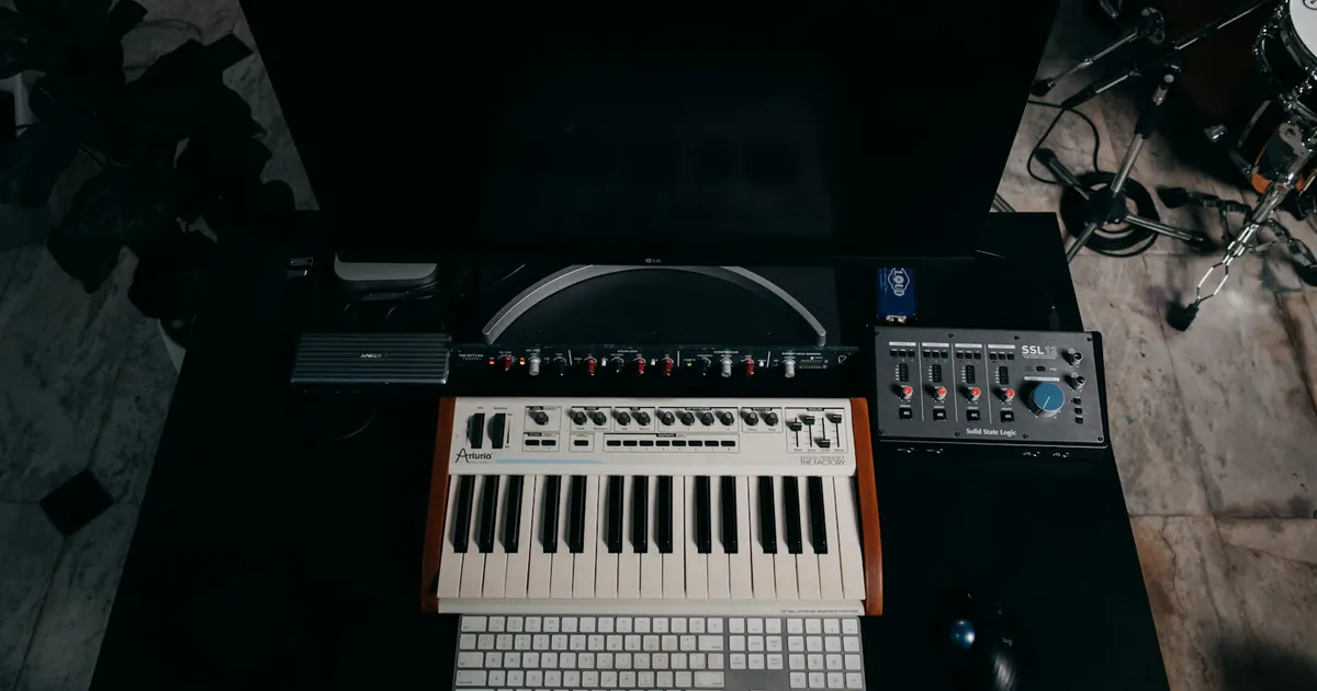 Teclado MIDI e equipamento de áudio em uma estação de produção musical.