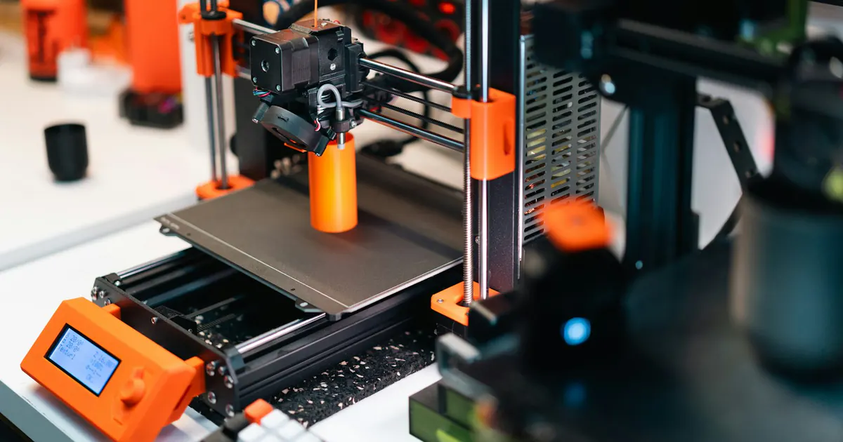 Impressora 3D deposita filamento para formar uma peça de protótipo.