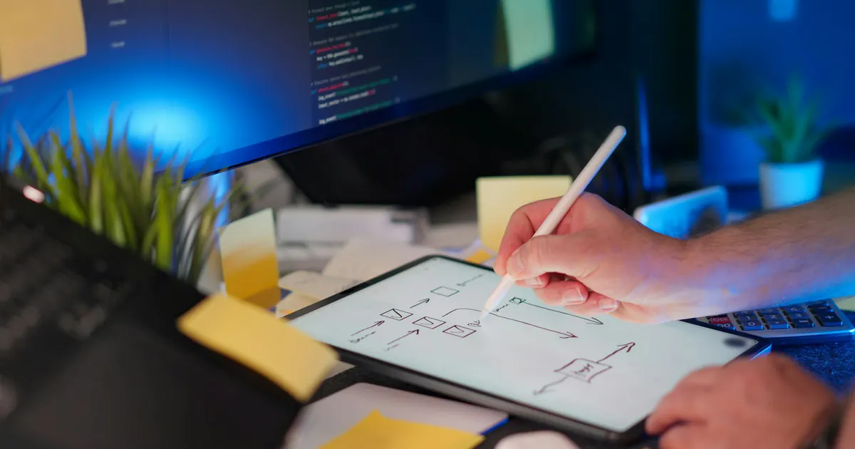 Profissional desenha um fluxo digital em tablet ao lado de telas com código.