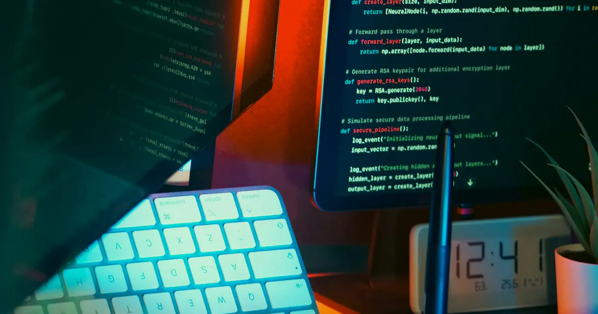 Estação de desenvolvimento com teclado iluminado e código em monitores.