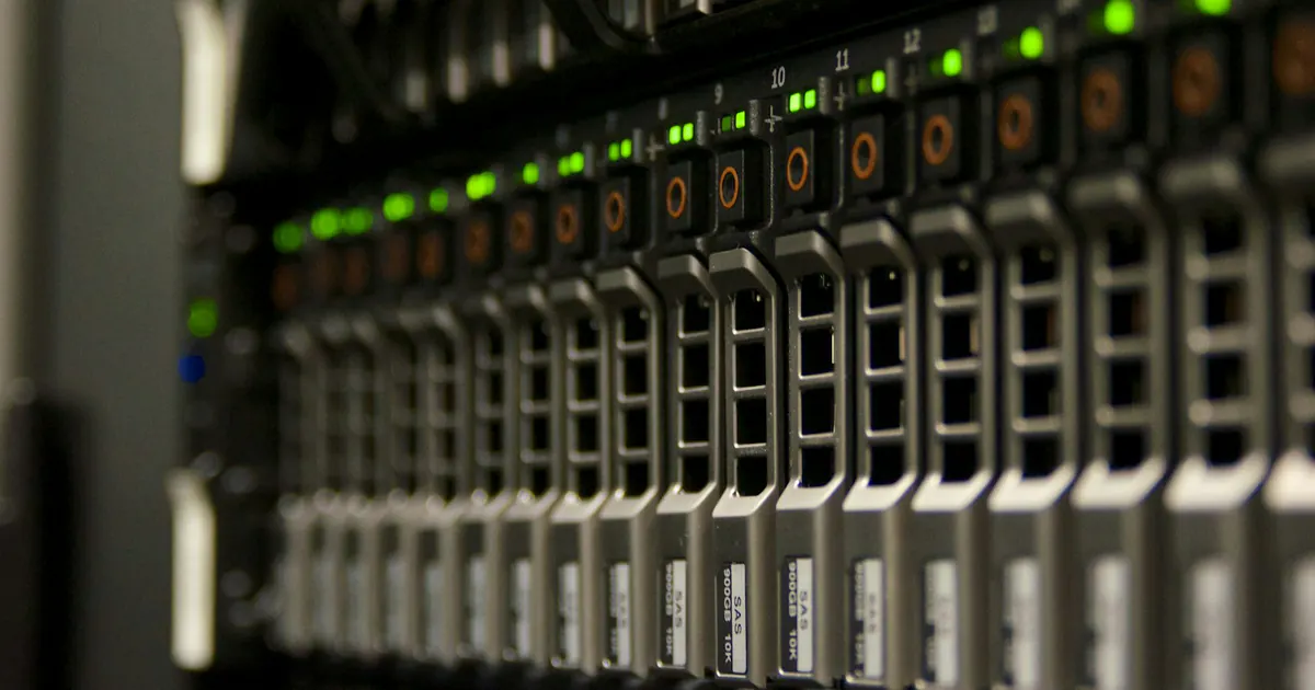 Luzes de status piscam em um rack de armazenamento e servidores.