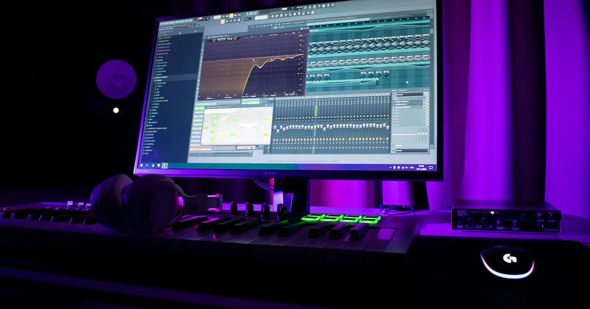 Estação de produção musical com computador, teclado MIDI e fones.