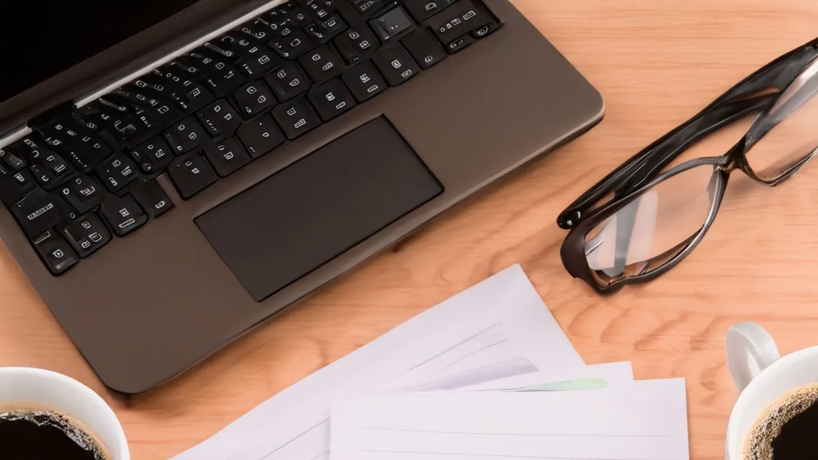 Documentos organizados ao lado de um notebook em uma mesa de trabalho.